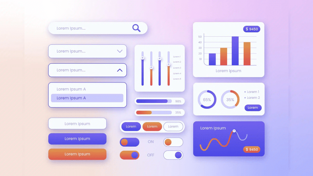 Different kinds of buttons, search bar and charts